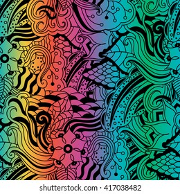 Vector vivid seamless abstract hand drawn pattern with plants. Wave patterns seamlessly tiling. Hand drawn seamless floral background. Doodle style.