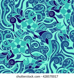 Vector vivid seamless abstract hand drawn pattern with plants. Wave patterns seamlessly tiling. Hand drawn seamless floral background. Doodle style. Turquoise and blue colors.