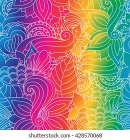 Vector vivid seamless abstract hand drawn pattern with plants. Wave patterns seamlessly tiling. Hand drawn seamless floral background. Rainbow backdrop. Doodle style. Zentangle style.