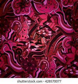 Vector vivid seamless abstract hand drawn pattern with plants. Wave patterns seamlessly tiling. Hand drawn seamless floral background. Doodle style. Pink colors.