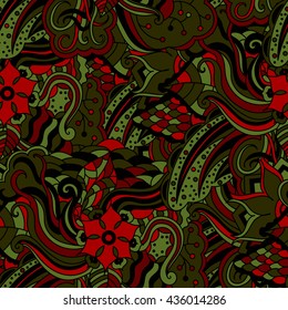 Vector vivid seamless abstract hand drawn pattern with plants. Wave patterns seamlessly tiling. Hand drawn seamless floral background. Doodle style.