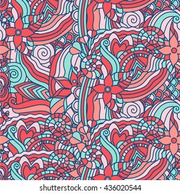 Vector vivid seamless abstract hand drawn pattern with plants. Wave patterns seamlessly tiling. Hand drawn seamless floral background. Doodle style.