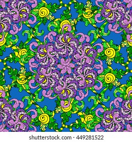 Vector vivid seamless abstract hand drawn pattern with plants. Wave patterns seamlessly tiling. Hand drawn seamless floral background. Doodle style.