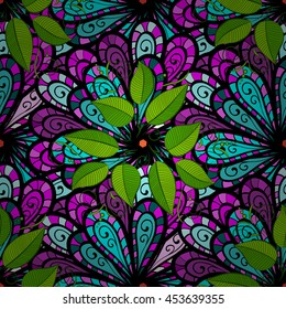 Vector vivid seamless abstract hand drawn pattern with plants.