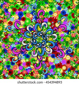 Vector vivid seamless abstract hand drawn pattern with plants.