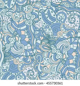 Vector vivid seamless abstract hand drawn pattern with plants. Wave patterns seamlessly tiling. Hand drawn seamless floral background. Doodle style.