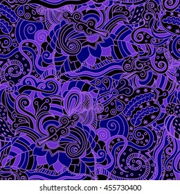 Vector vivid seamless abstract hand drawn pattern with plants. Wave patterns seamlessly tiling. Hand drawn seamless floral background. Doodle style.