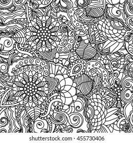 Vector vivid seamless abstract hand drawn pattern with plants for coloring book. Wave patterns seamlessly tiling. Hand drawn seamless floral background. Doodle style.