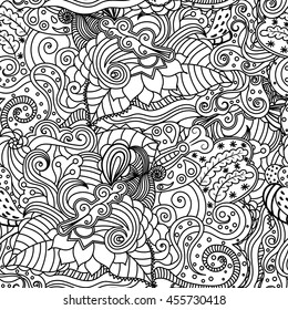 Vector vivid seamless abstract hand drawn pattern with plants for coloring book. Wave patterns seamlessly tiling. Hand drawn seamless floral background. Doodle style.