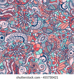 Vector vivid seamless abstract hand drawn pattern with plants. Wave patterns seamlessly tiling. Hand drawn seamless floral background. Doodle style.