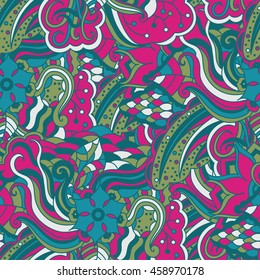 Vector vivid seamless abstract hand drawn pattern with plants. Wave patterns seamlessly tiling. Hand drawn seamless floral background. Doodle style.