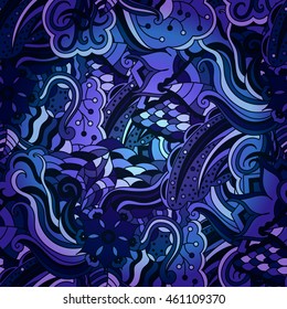 Vector vivid seamless abstract hand drawn pattern with plants. Wave patterns seamlessly tiling. Hand drawn seamless floral background. Doodle style. Blue colors.