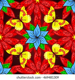 Vector vivid seamless abstract hand drawn pattern with plants and yellow butterflies.