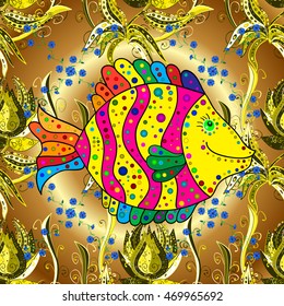 Vector vivid seamless abstract hand drawn pattern with plants and doodles fishes on golden round background.