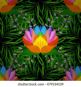 Vector vivid seamless abstract hand drawn pattern with plants on black background.