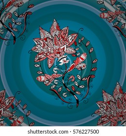 Vector vivid seamless abstract hand drawn pattern with plants. Blue round background. Pink, blue. Radial gradient shape.