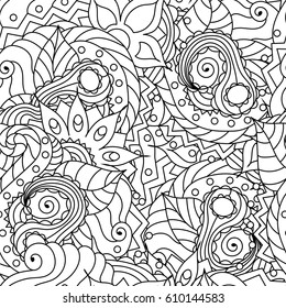 Vector vivid seamless abstract hand drawn pattern with plants for coloring book. Wave patterns seamlessly tiling. Hand drawn seamless floral background. Doodle style.
