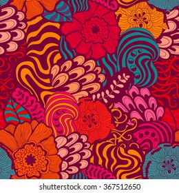Vector vivid seamless abstract hand-drawn pattern with plants and flowers. Wave patterns seamlessly tiling. Hand drawn seamless wave background