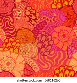 Vector vivid seamless abstract hand-drawn pattern with plants and flowers. Wave patterns seamlessly tiling. Hand drawn seamless wave background