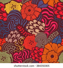Vector vivid seamless abstract hand-drawn pattern with plants and flowers. Wave patterns seamlessly tiling. Hand drawn seamless wave background