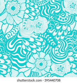 Vector vivid seamless abstract hand-drawn pattern with plants and flowers. Blue ocean wave patterns seamlessly tiling. Hand drawn seamless wave background