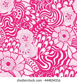 Vector vivid seamless abstract hand-drawn pattern with plants and flowers. Wave patterns seamlessly tiling. Hand drawn seamless wave background