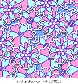 Vector vivid seamless abstract hand-drawn pattern with flowers. Vector floral design. Cute background, Botanic texture. Spring-summer backdrop.Great design for fabric, paper, wrapping, textile, covers