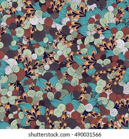 Vector vivid seamless abstract hand-drawn pattern with plants and flowers. Wave patterns seamlessly tiling. Hand drawn seamless wave background