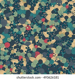 Vector vivid seamless abstract hand-drawn pattern with plants and flowers. Wave patterns seamlessly tiling. Hand drawn seamless wave background