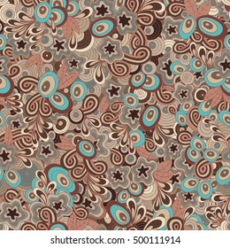 Vector vivid seamless abstract hand-drawn pattern with plants and flowers. Wave patterns seamlessly tiling. Hand drawn seamless wave background