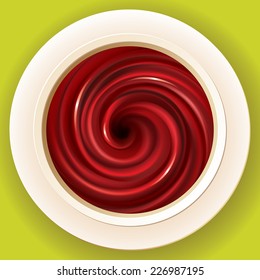 Vector vivid spiral swirling fluid deep red color in white cup on green tablecloth. Appetizing juice different bright fruits: strawberries, tomatoes, cranberries, raspberries, pomegranate, redcurrants