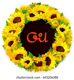 vector vivid sunflower frame. Blossom illustration. Cartoon Plant. Summery banner. Handwriting text (oil). Clipart 

isolated on transparent background. Hand drawn graphics. Nature design element. 