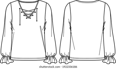 Dibujo técnico de blusa de manga larga vectorial v-cuello, CAD de moda superior de mujer, plantilla, boceto