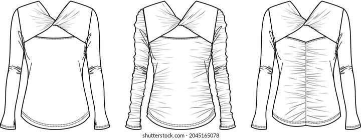 Vector V-neck long sleeved top fashion CAD, woman winter t shirt with knot technical drawing, top with frill and cut-out detail flat, template, sketch. Jersey blouse with front, back view, white color