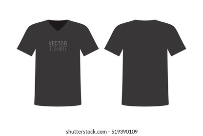 Vector V-neck T-shirt mockup. Men's black short sleeve T-shirt template. Front and rear sides.