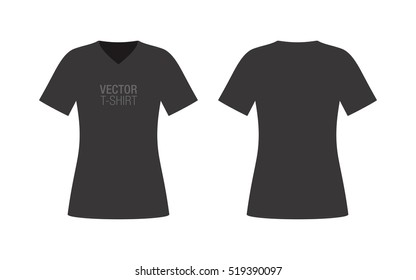 Vector V-neck T-shirt mockup. Women's black short sleeve T-shirt template. Front and rear sides.