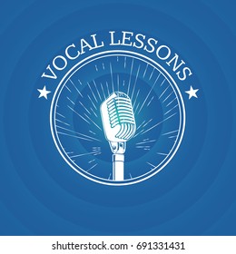 Vector vocal lessons logo with retro microphone on vintage sunburst background