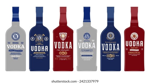 Vector vodka labels and bottle mockup templates. Distilling business branding and identity design elements