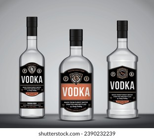 Etiquetas de vodka vectoriales. Fragmentos de botellas de vidrio de Vodka