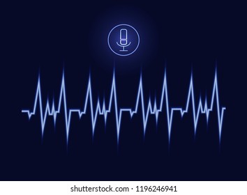 Vector Voice Recognition Illustration, Pulse Wave Glowing Line and Microphone Shining Icon.