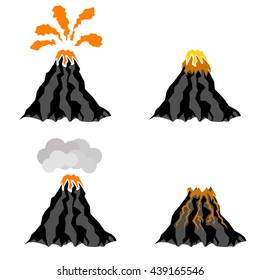 Vector Volcano Erupting Icons Isolated on White Background. Peak of Mountain. Fiery Crater of Volcano.