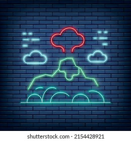 Vector volcano, mountains landscape neon sign. Vector illustration in neon style.