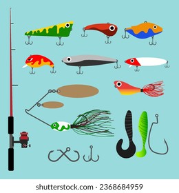 Vector vollection set of lure fishing equipment in flat style.