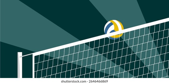 Vetor de bola de volley e a rede em listras fundo verde