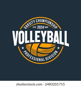 Vector volleyball championship logo with ball. Sport badge for tournament or championship. Vector Illustration