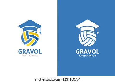 Vector volleyball and graduate hat logo combination. Play and study symbol or icon. Unique ball and college logotype design template.