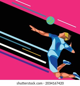 Vector of volleyball or handball player jumping for ball, on pink and black background. graphic decor print design, sport and competition concept digitally generated image.