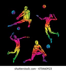 Vector volleyball silhouettes rainbow collection