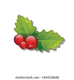 vector volume christmas holly with red berries, the symbol of the new year holidays, isolated on white background, print for fabric, sticker, xmas eps 10 oak, oak-tree leaves of ilex