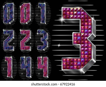 Vector volume figures 0,1,2,3,4 with shiny rhinestones
